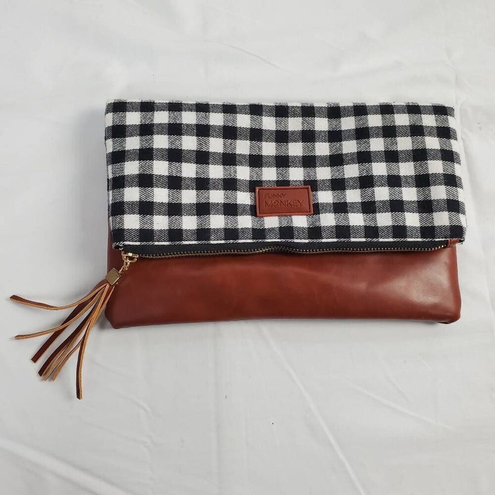 Funky Monkey Women’s Clutch Buffalo Plaid Foldover Purse Vegan Leather Tassel 11